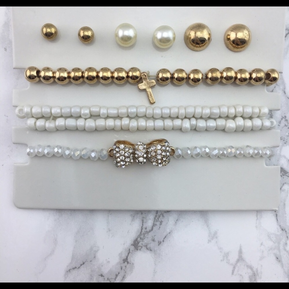 18K Plated White Bracelet Stack with 3 Earrings